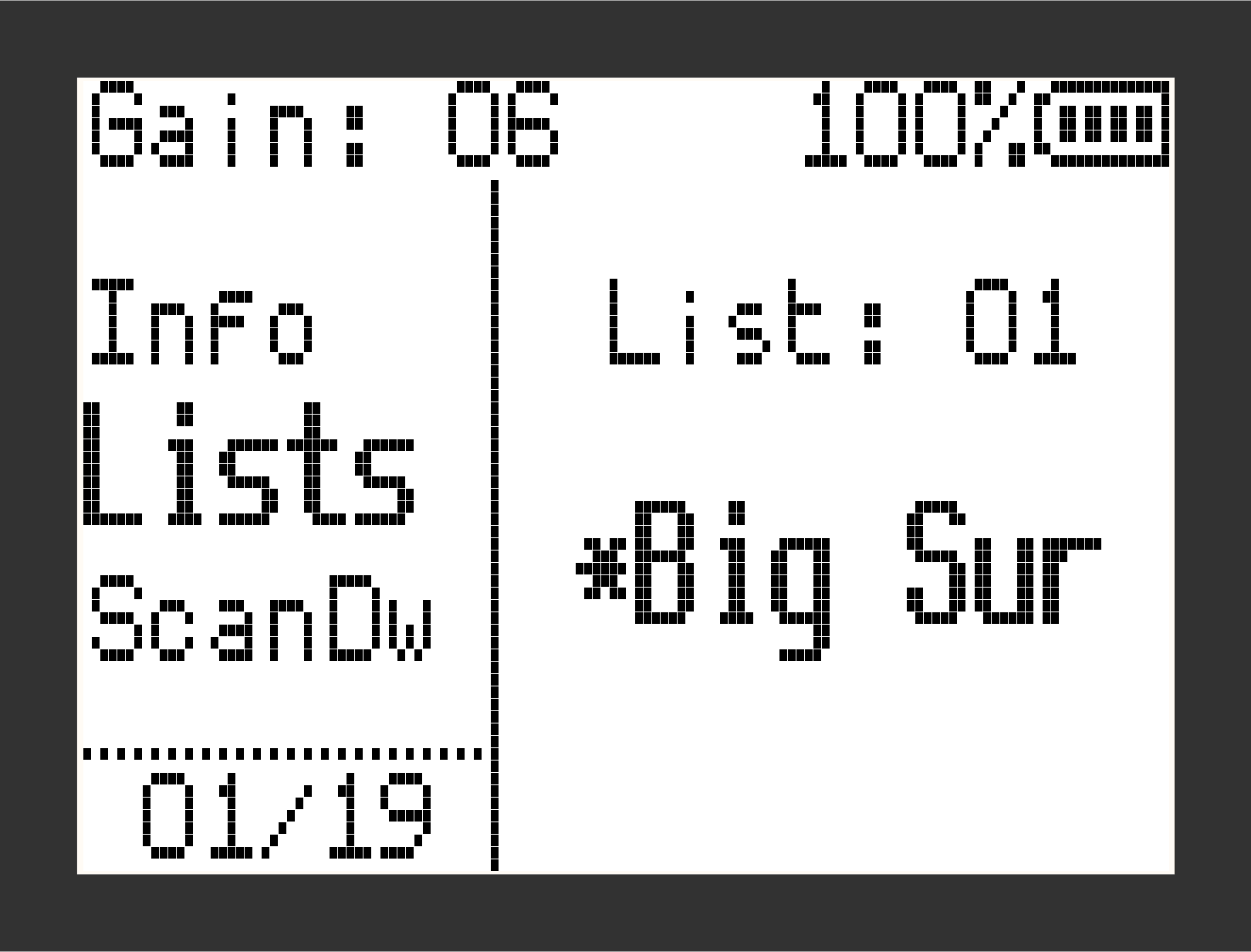 SPOT list-selection menu with Big Sur marked active